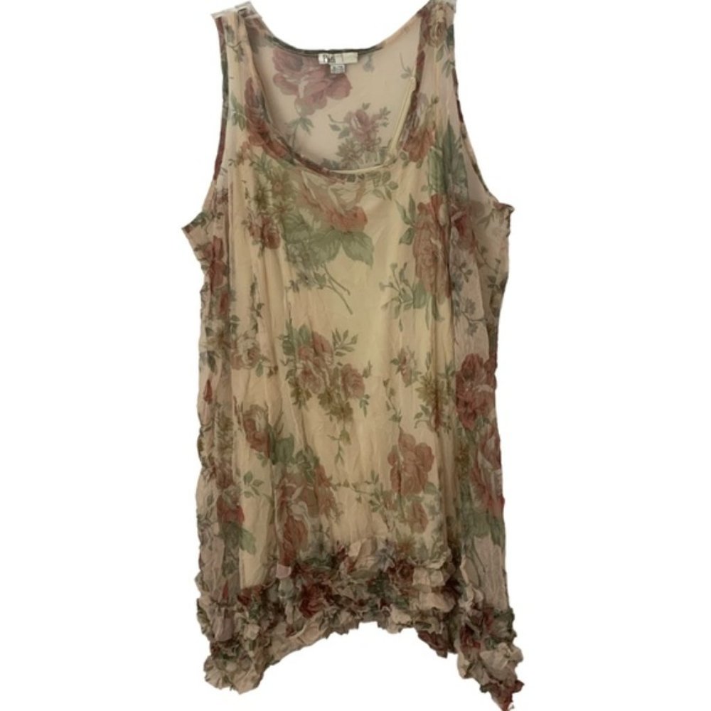 Puli Rose Print Long Tank Top With Ruffled Trim